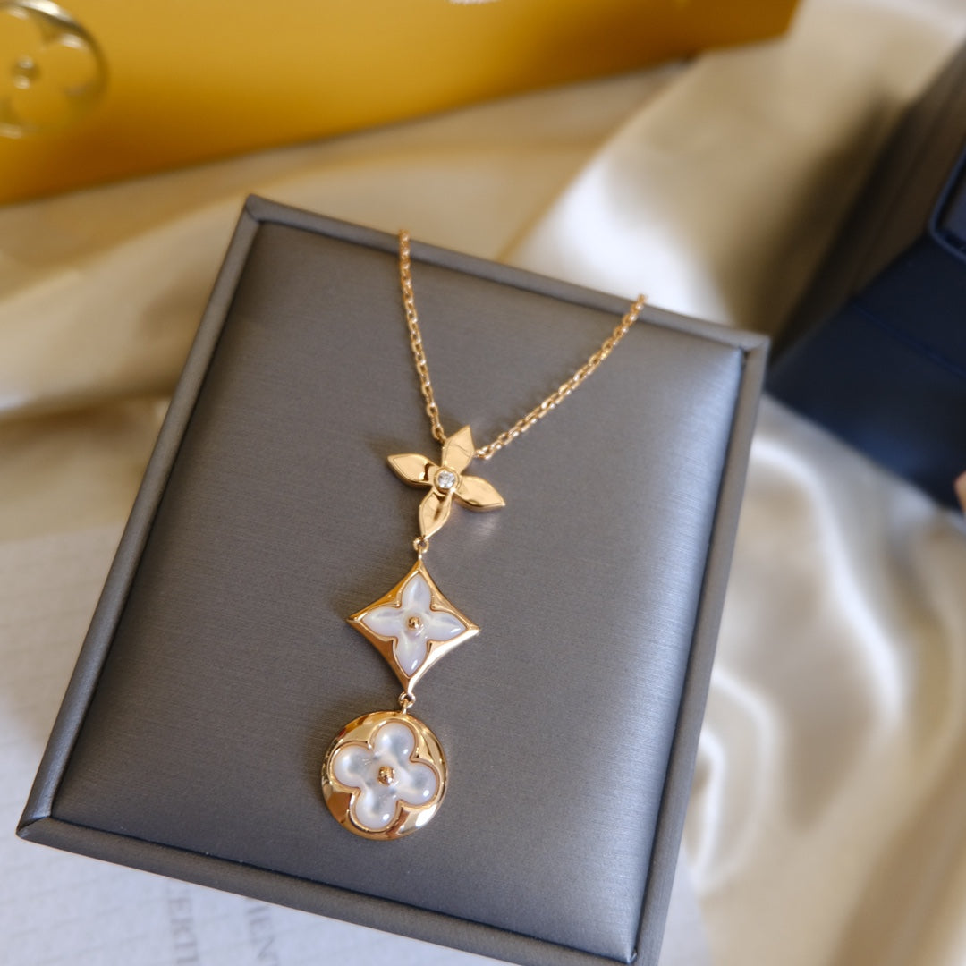 [Avelora]COLOR BLOSSOM LARIAT NECKLACE ROSE GOLD WHITE MOTHER PEARL AND DIAMOND