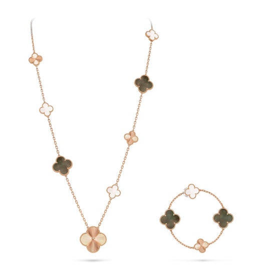 [Avelora]DETACHABLE 15-MOTIF CLOVER STATEMENT SET - GREY MOTHER-OF-PEARL & LASER
